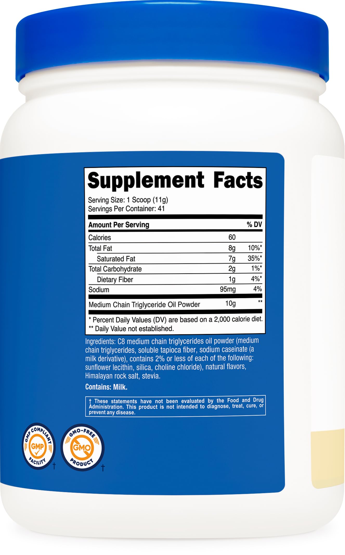 Nutricost lata 16oz junto a taza para comparar tamaño práctico