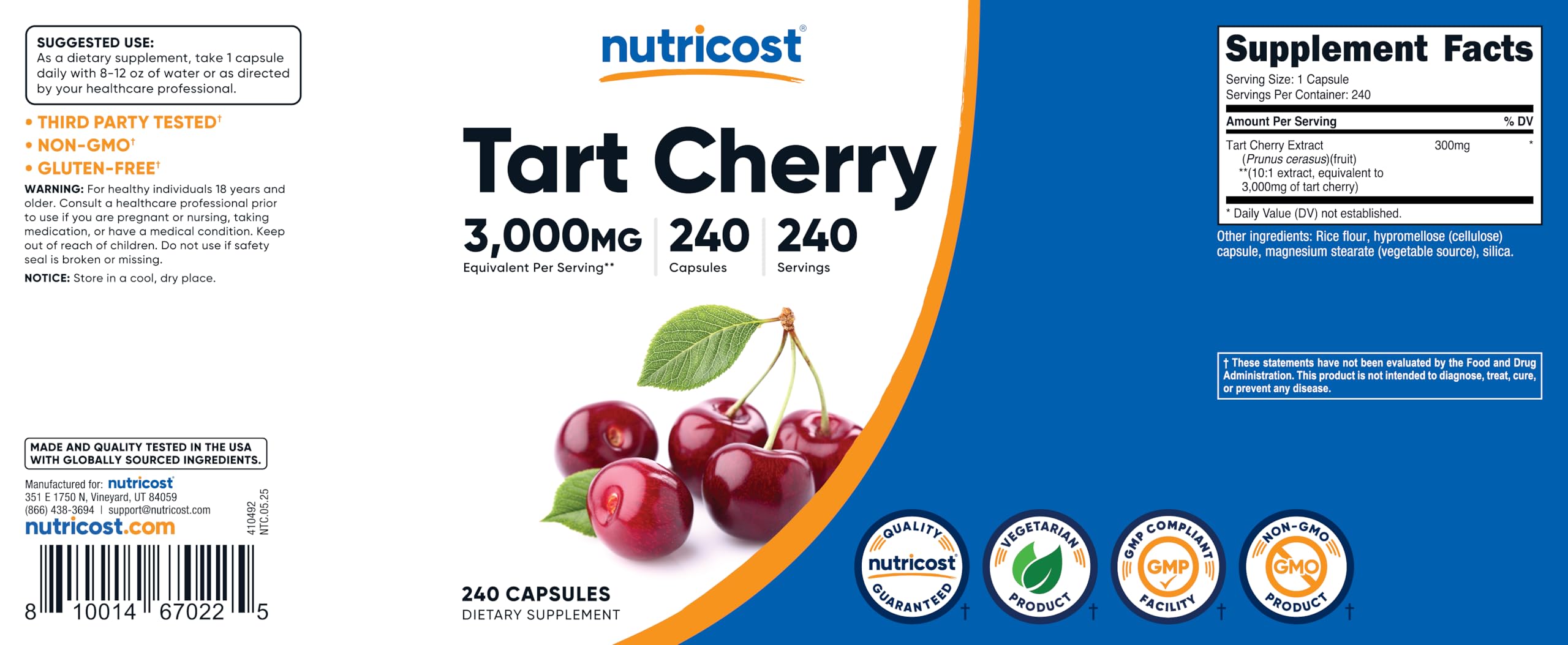 Nutricost frasco junto a fruta y una taza, visual de uso diario conveniente