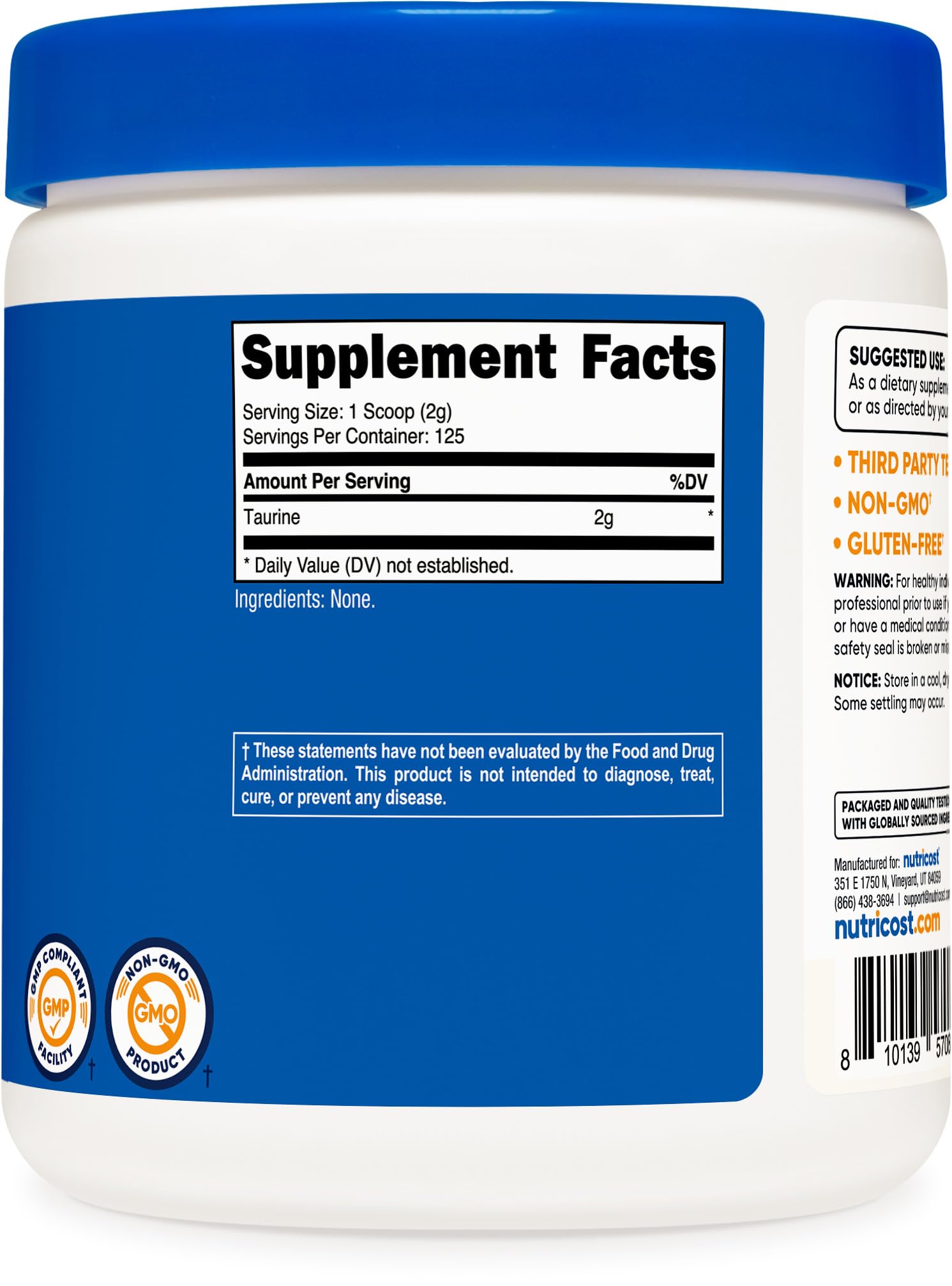 Nutricost etiqueta con certificaciones Non-GMO y Gluten Free visibles