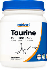 Nutricost envase frontal de taurina 1 kg mostrando etiqueta y marca para confianza