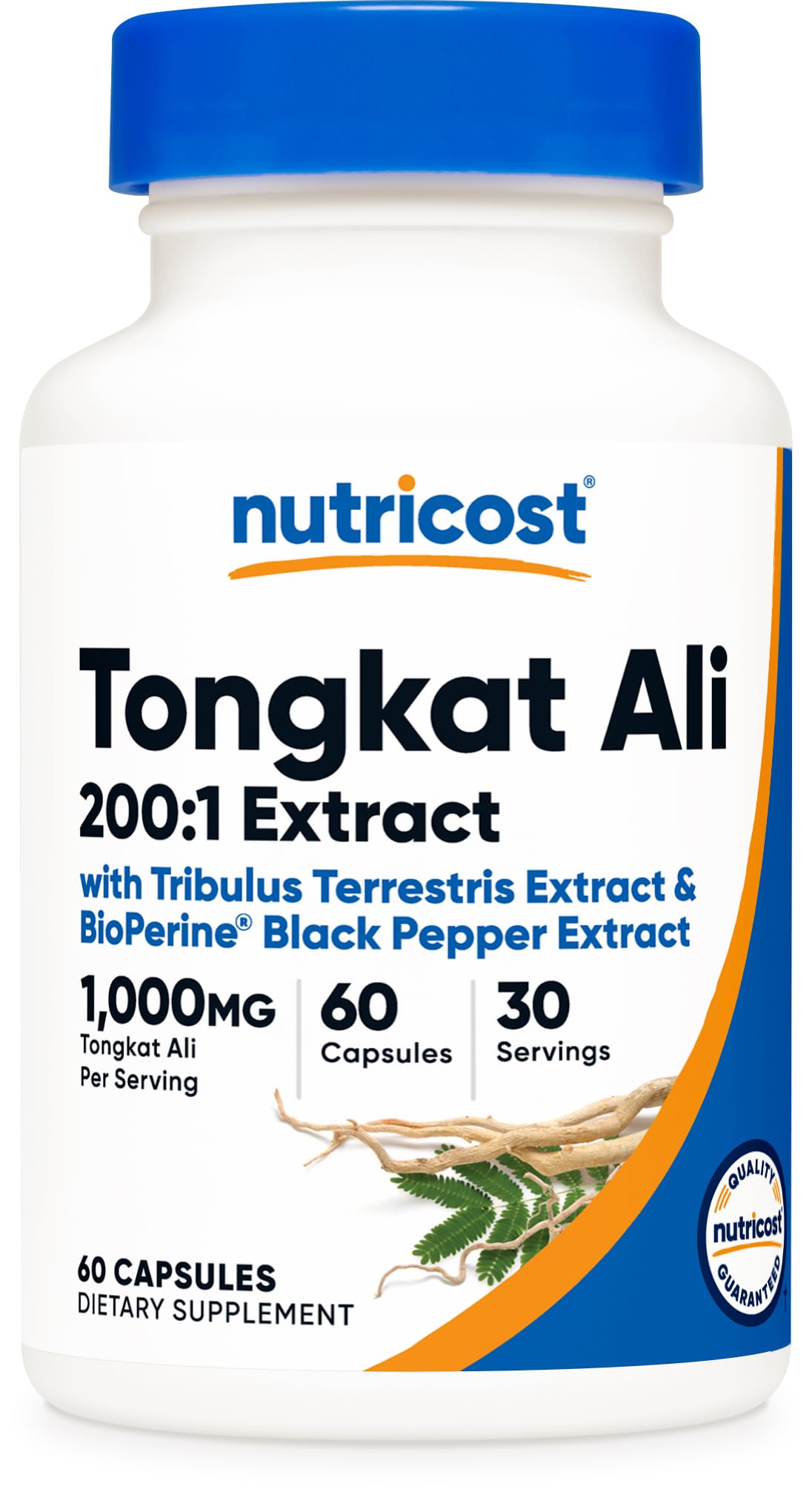 Nutricost envase frontal de Tongkat Ali 1000 mg, presentación clara y beneficios de concentración