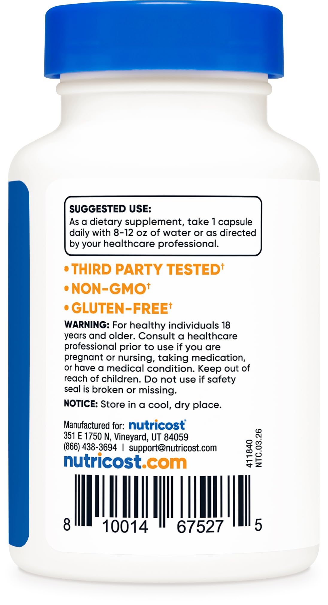 Nutricost Tudca etiqueta con información de ingredientes y certificaciones visibles