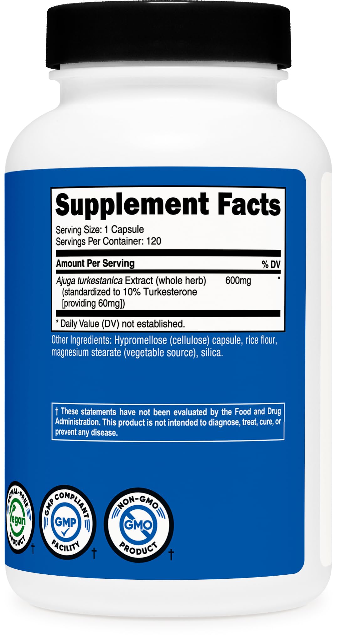 Nutricost detalle de etiqueta mostrando 600 mg por porción y certificaciones