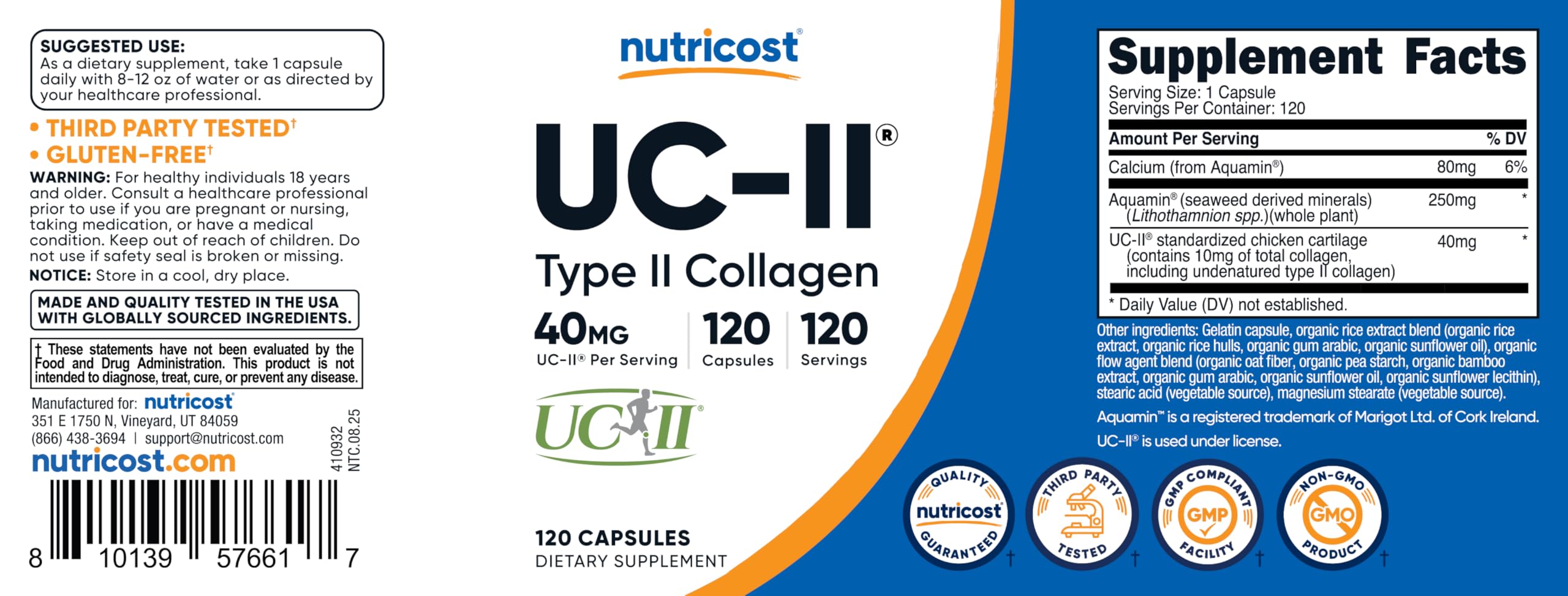 Nutricost ingredientes con cartílago de pollo destacando origen natural UC‑II