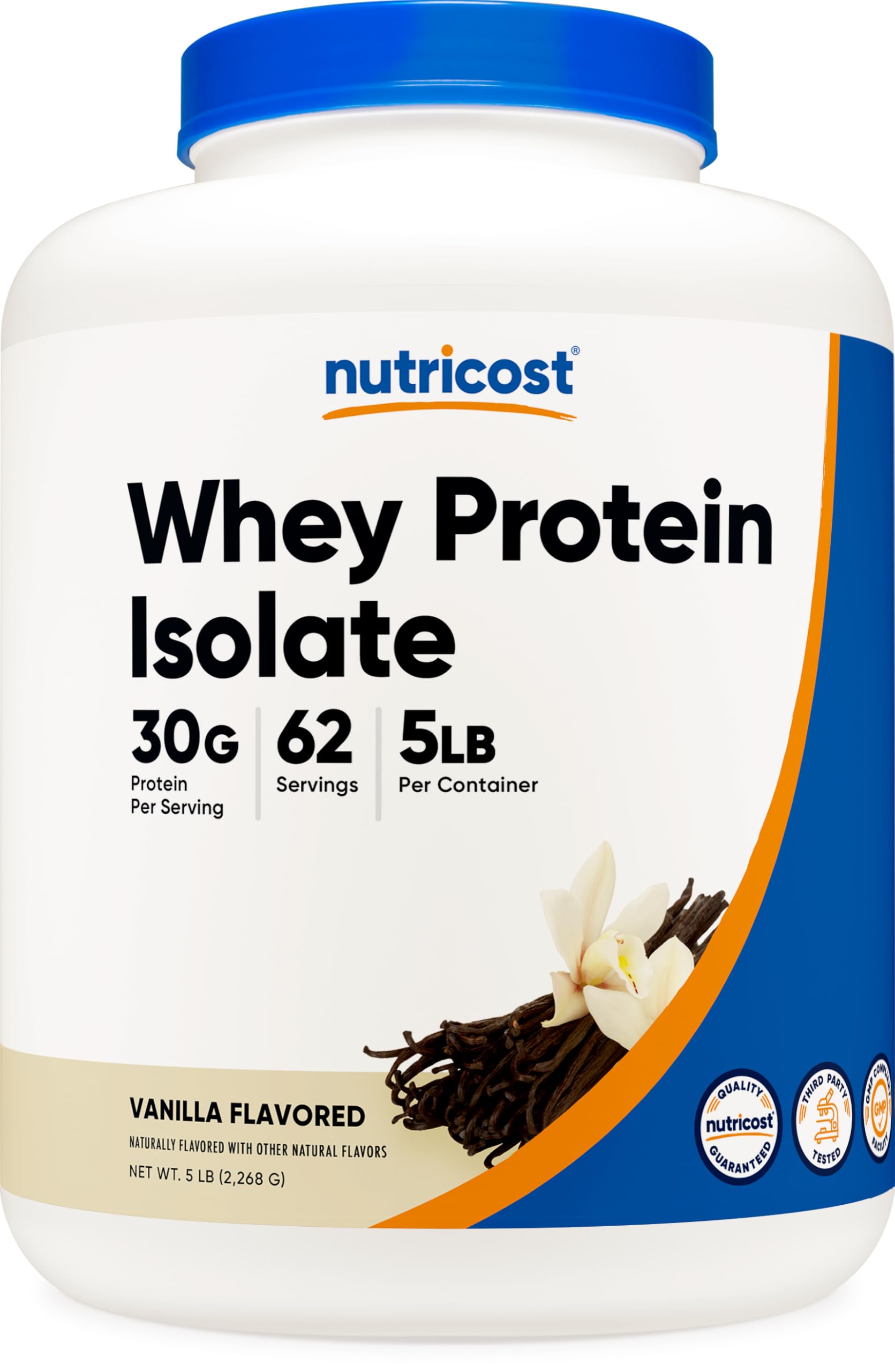 Nutricost envase frontal de 5 lb con sabor vainilla, apariencia profesional y confianza