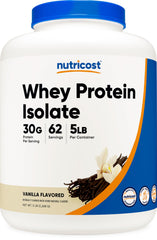 Nutricost envase frontal de 5 lb con sabor vainilla, apariencia profesional y confianza