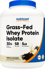Nutricost frasco frontal de Grass-Fed Whey Vainilla mostrando envase y marca, claridad en ingredientes