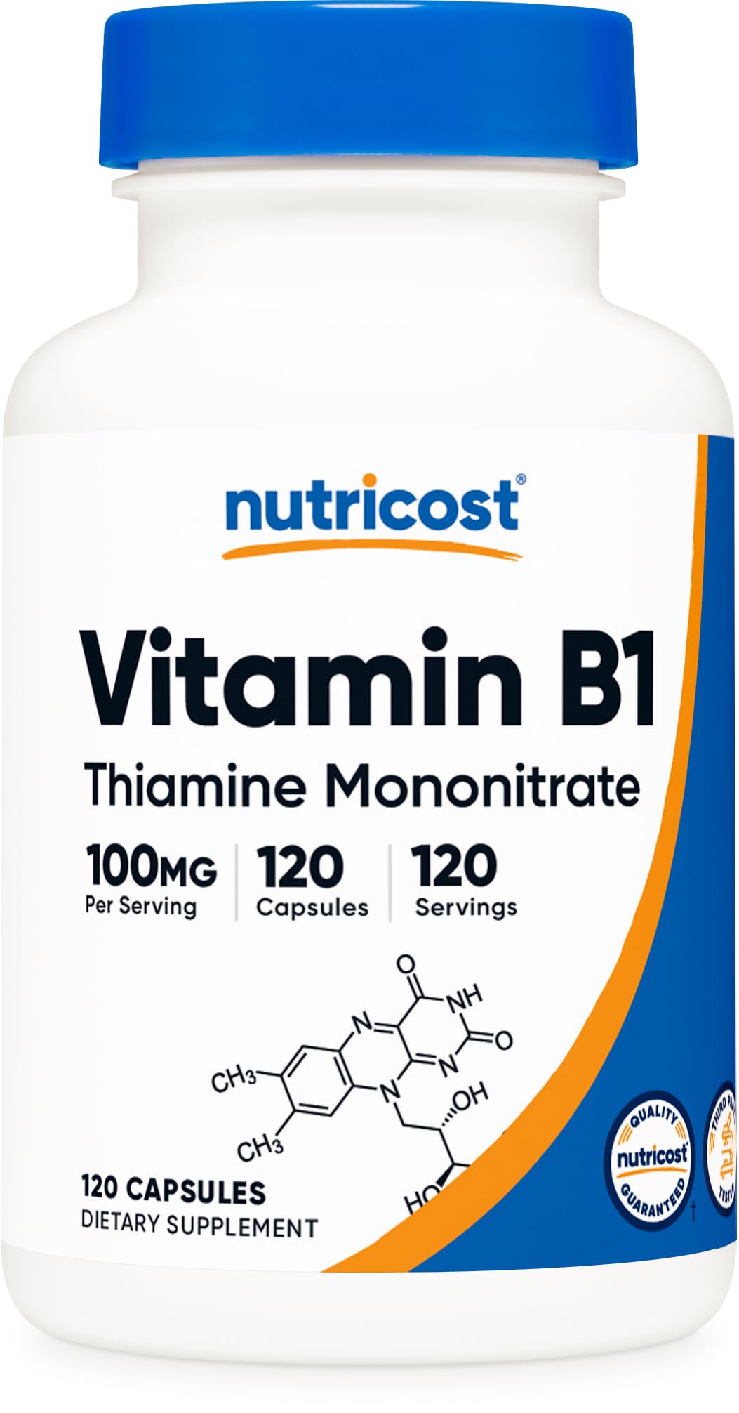 Nutricost frasco frontal de Vitamina B1 100 mg mostrando el envase y cantidad