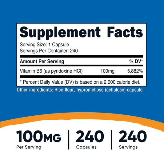 Nutricost vista cercana de una cápsula de vitamina B6 y su textura clara