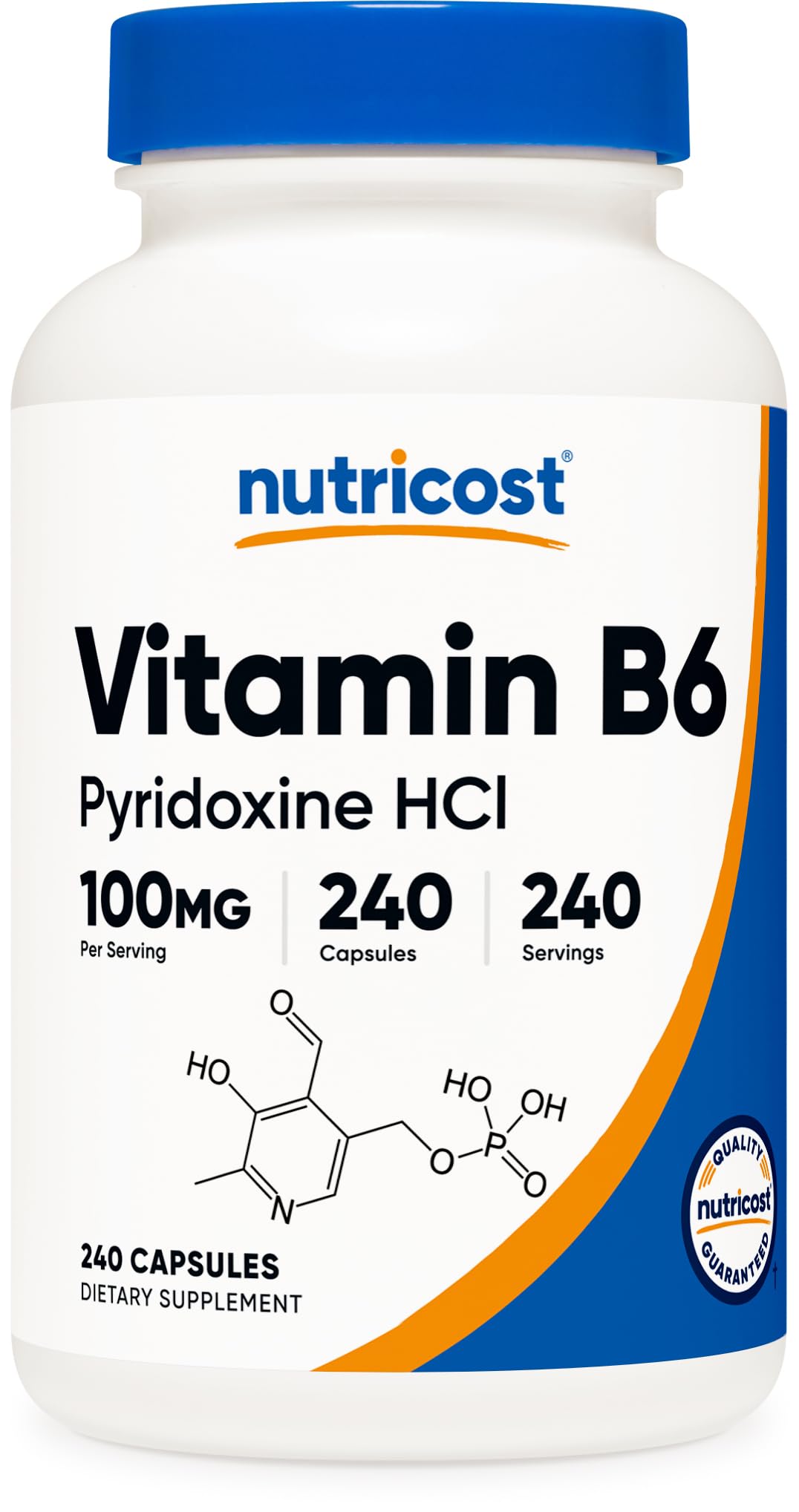 Nutricost frasco de Vitamina B6 100 mg frente mostrando etiqueta y cantidad