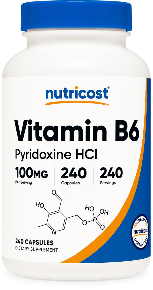 Nutricost frasco de Vitamina B6 100 mg frente mostrando etiqueta y cantidad
