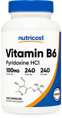 Nutricost frasco de Vitamina B6 100 mg frente mostrando etiqueta y cantidad