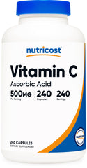 Nutricost frasco frontal mostrando 240 cápsulas y beneficio de suministro prolongado