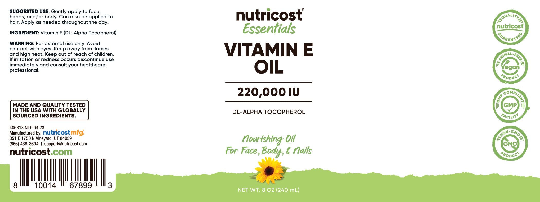 Nutricost Aceite de Vitamina E, aplicación en piel para brillo natural.