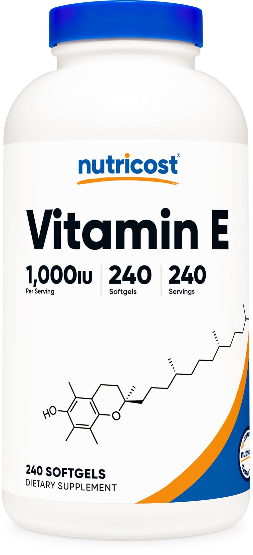 Nutricost frasco frontal de vitamina E 240 softgels mostrando presentación y marca, cómodo para almacenamiento