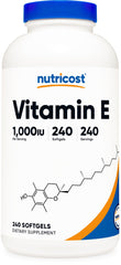 Nutricost frasco frontal de vitamina E 240 softgels mostrando presentación y marca, cómodo para almacenamiento