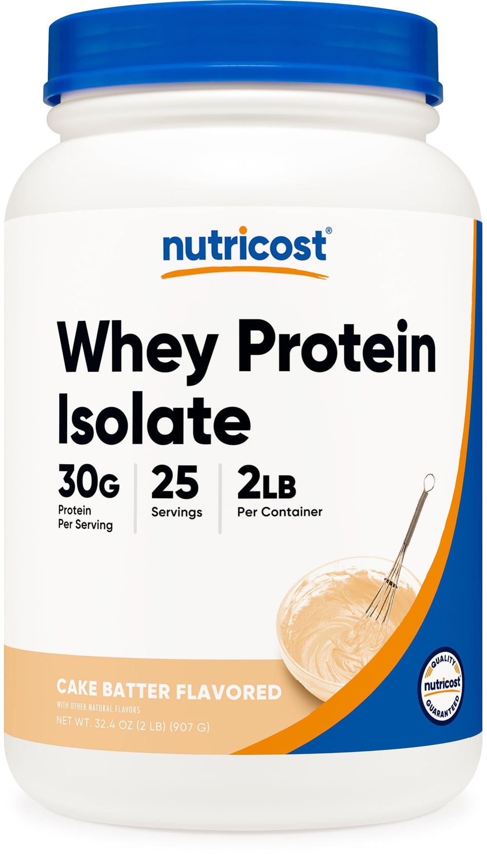 Nutricost bote frontal mostrando la etiqueta y beneficio de alta proteína