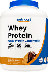 Nutricost bote frontal con sabor chocolate y mantequilla de cacahuate mostrando tamaño 5LBS y conveniencia