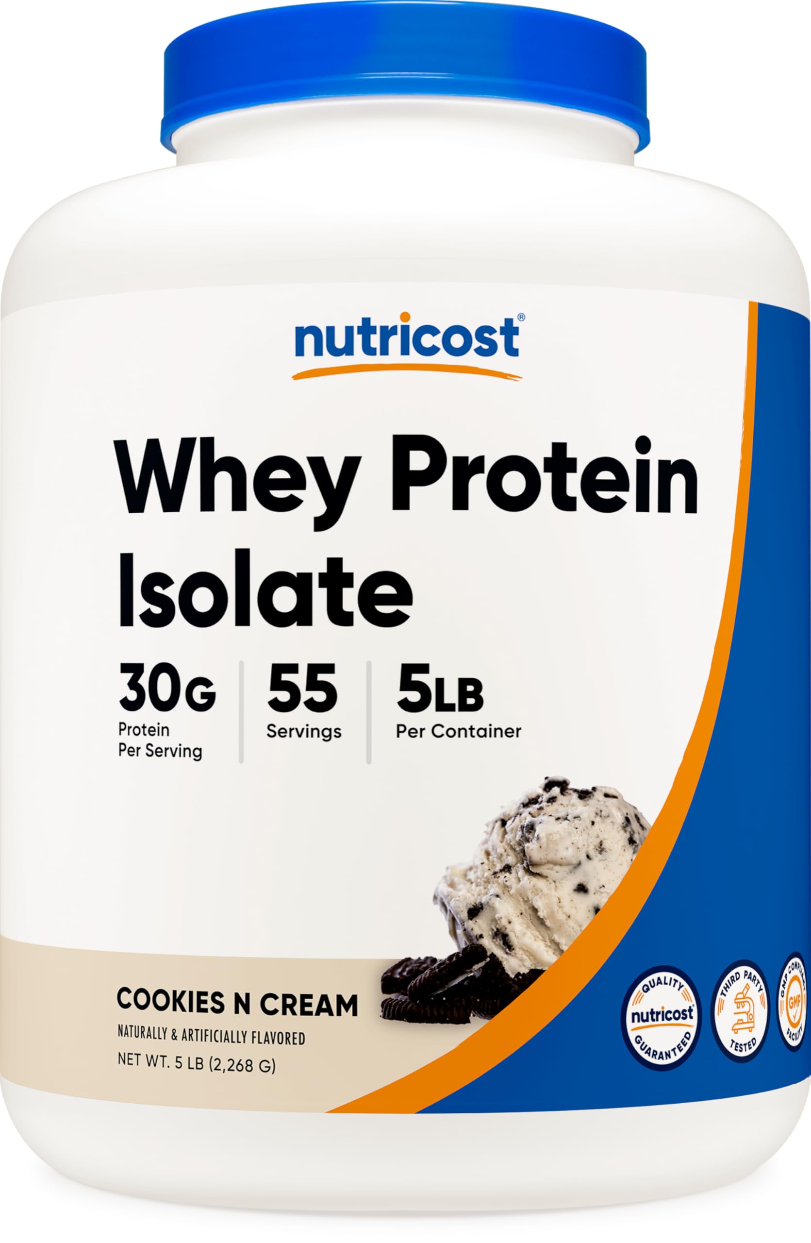 Nutricost frasco frontal Cookies N Cream mostrando tamaño de 5 libras y presentación
