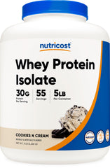 Nutricost frasco frontal Cookies N Cream mostrando tamaño de 5 libras y presentación