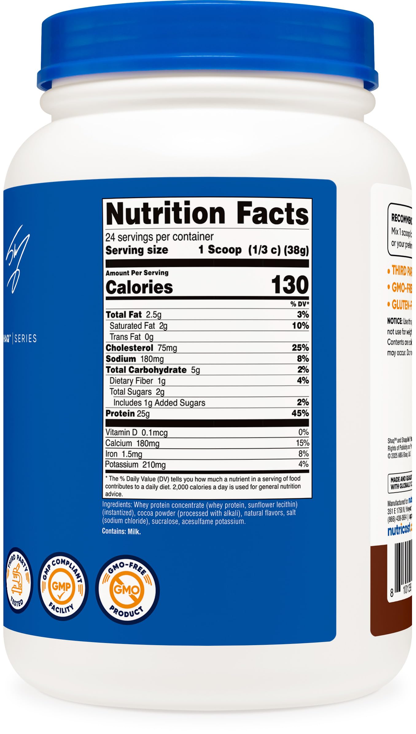 Nutricost Whey etiqueta con certificados NSF GMP y datos