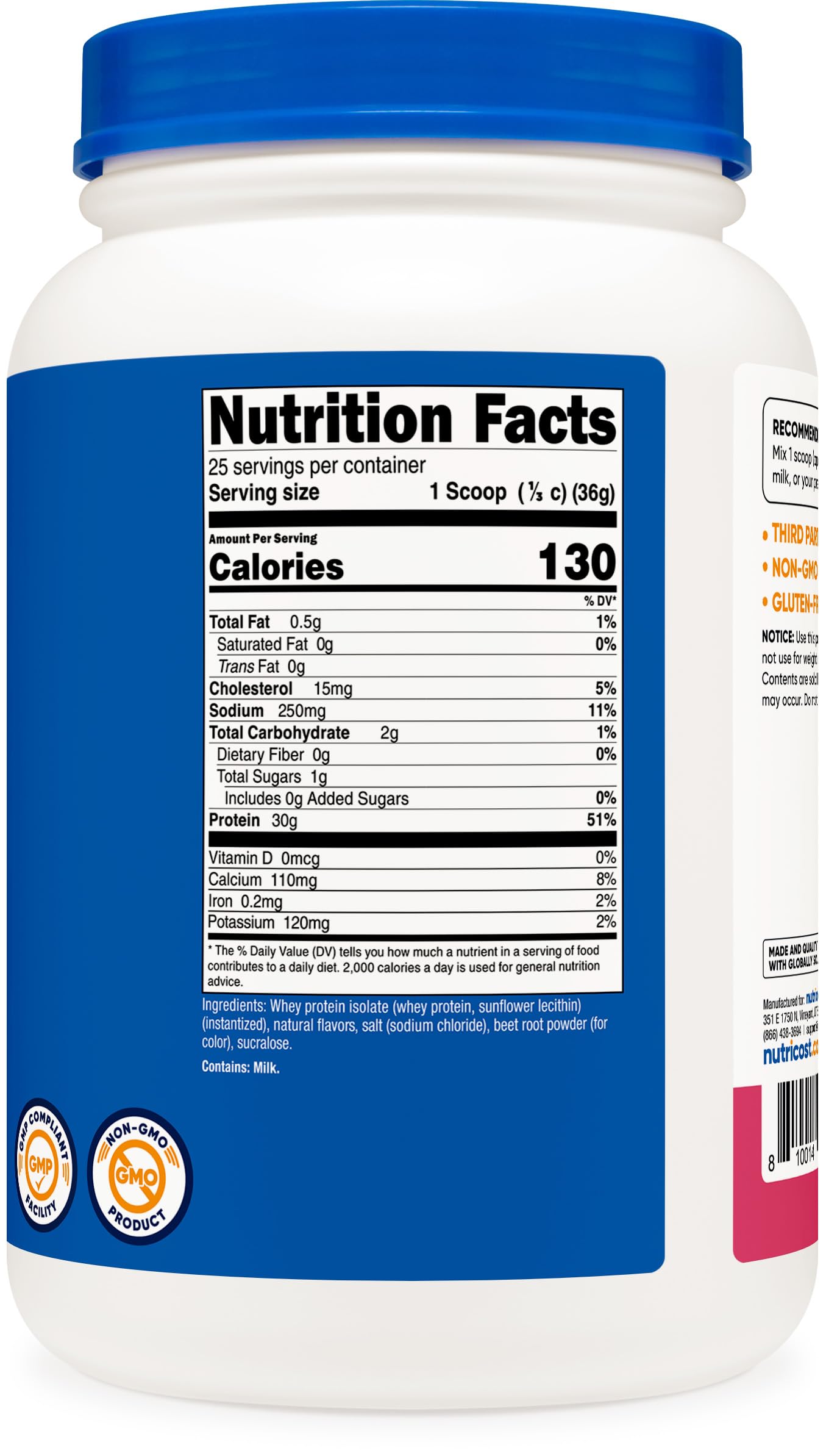 Nutricost etiqueta de ingredientes que muestra calidad GMP y información nutricional