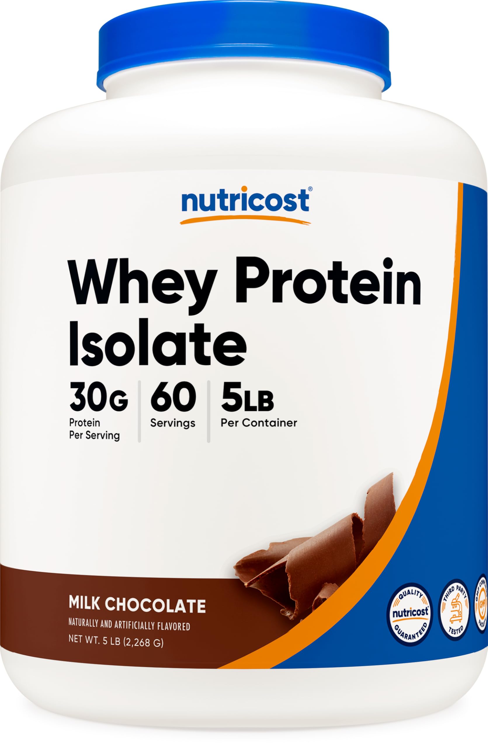 Nutricost envase frontal mostrando 5 libras y sabor milk chocolate, aporta claridad de producto