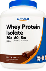 Nutricost envase frontal mostrando 5 libras y sabor milk chocolate, aporta claridad de producto