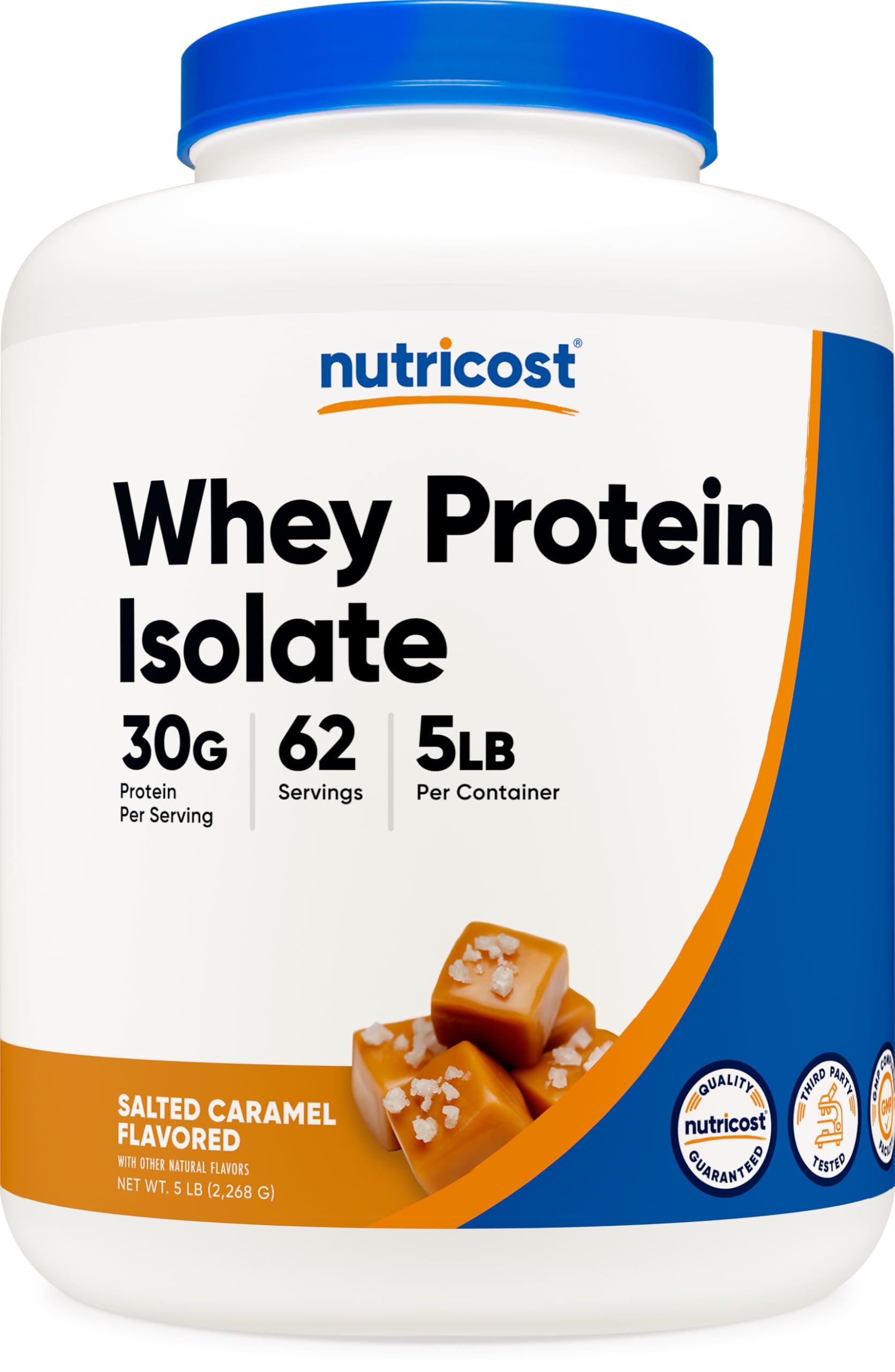 Nutricost Whey Protein Isolate frente del empaque mostrando 5 libras y sabor salted caramel para conveniencia