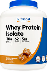 Nutricost Whey Protein Isolate frente del empaque mostrando 5 libras y sabor salted caramel para conveniencia