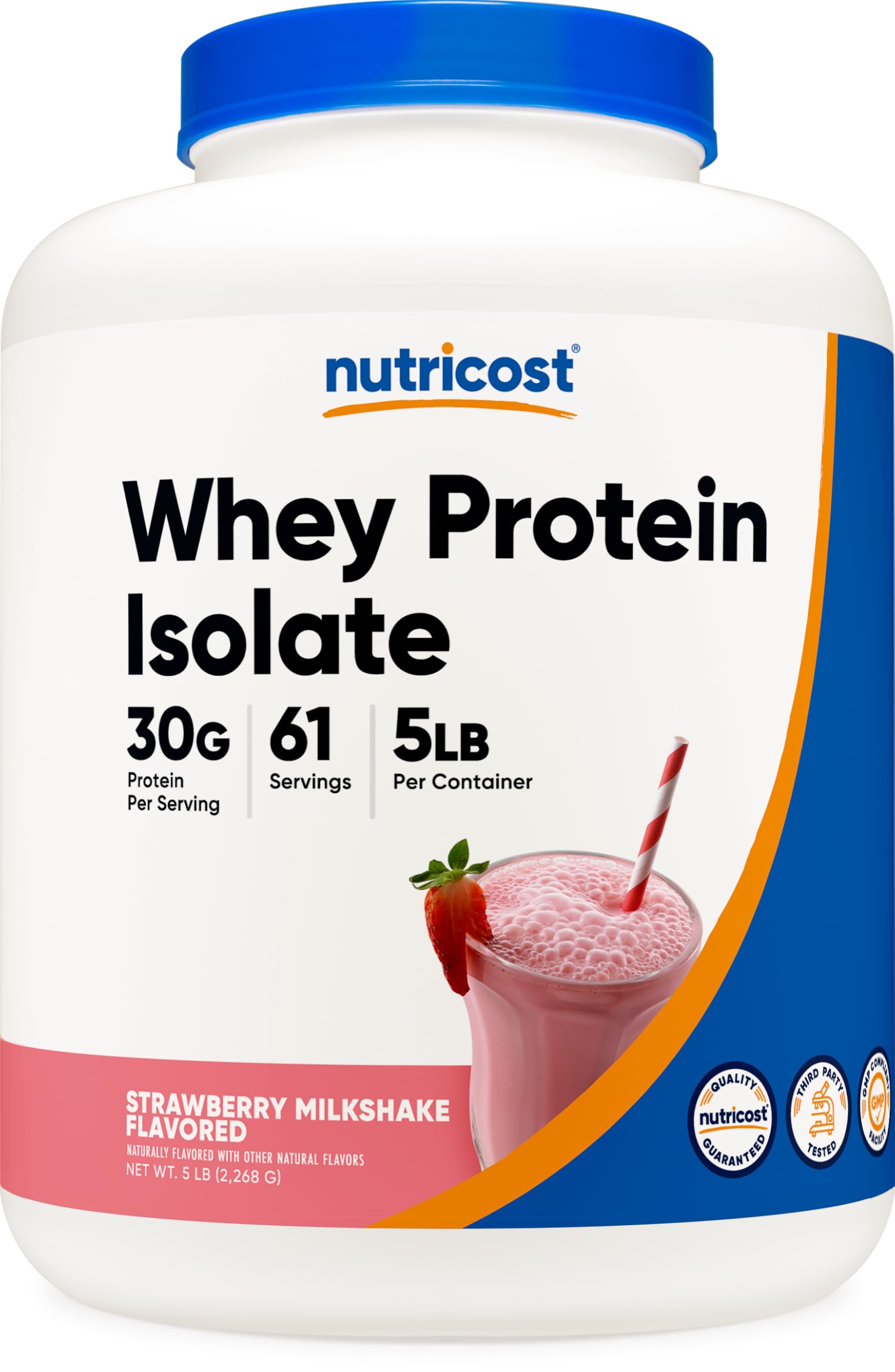 Nutricost bote frontal mostrando etiqueta clara y tamaño 5 libras, ideal ahorro