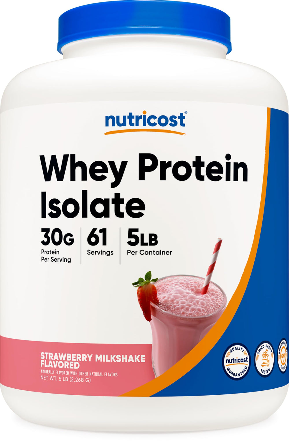 Nutricost bote frontal mostrando etiqueta clara y tamaño 5 libras, ideal ahorro