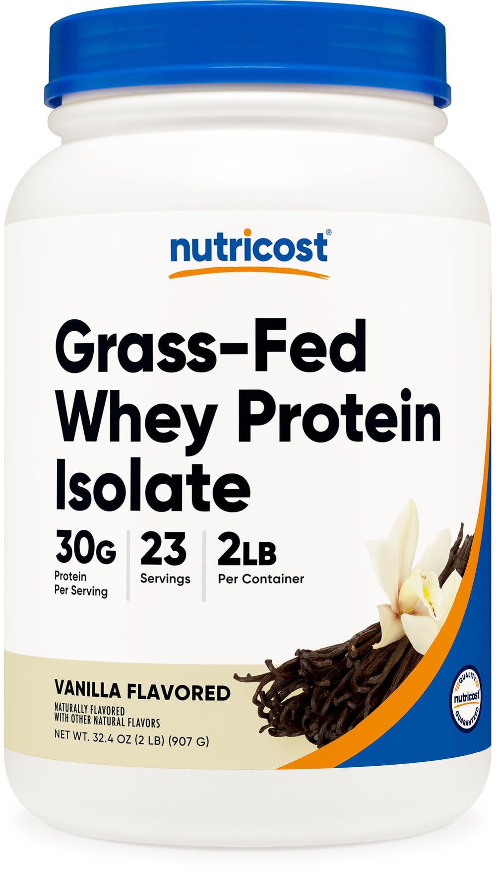 Nutricost envase frontal de whey vainilla mostrando presentación y beneficios