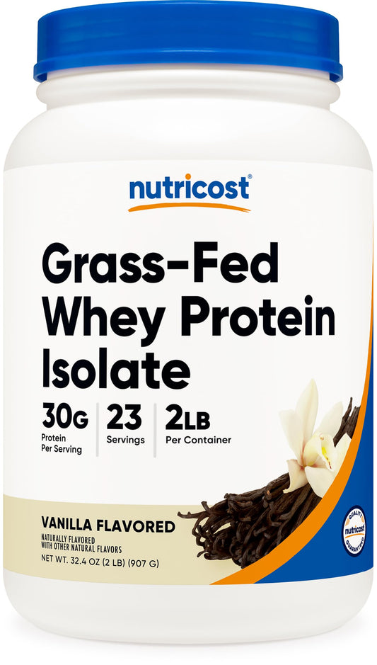 Nutricost envase frontal de whey vainilla mostrando presentación y beneficios