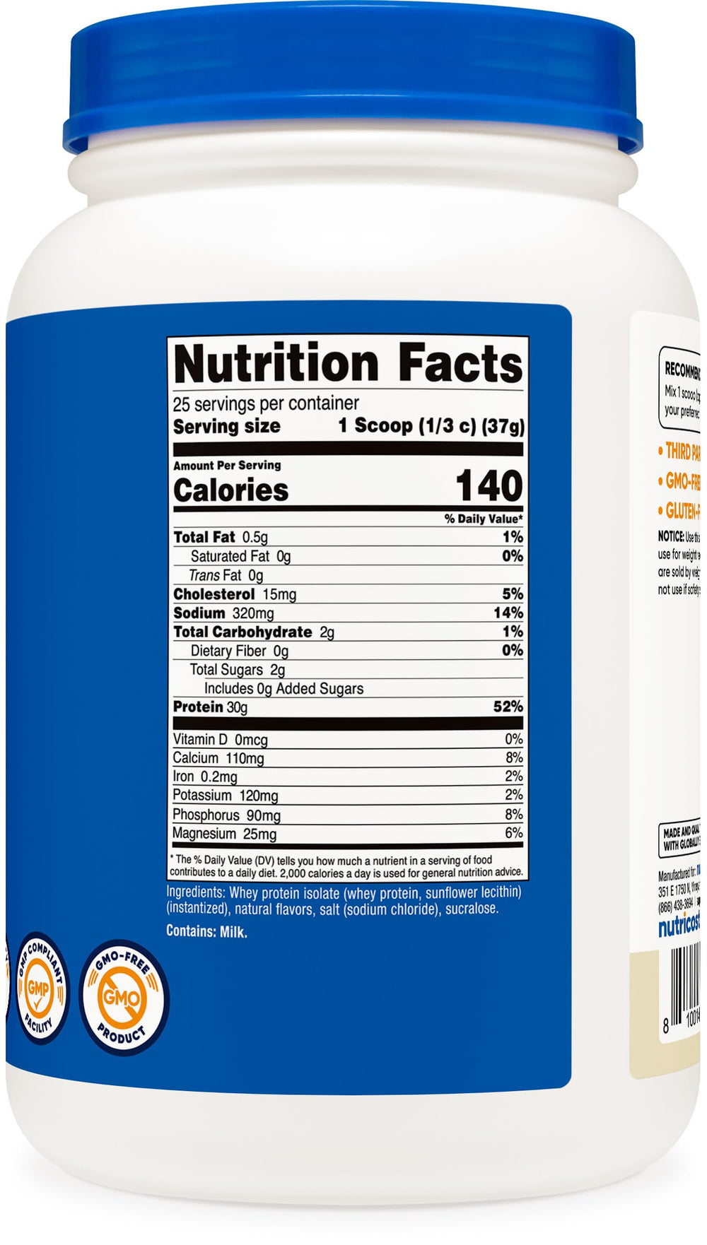 Detalle de etiqueta Nutricost con sellos NSF, GMP y detalles de ingredientes