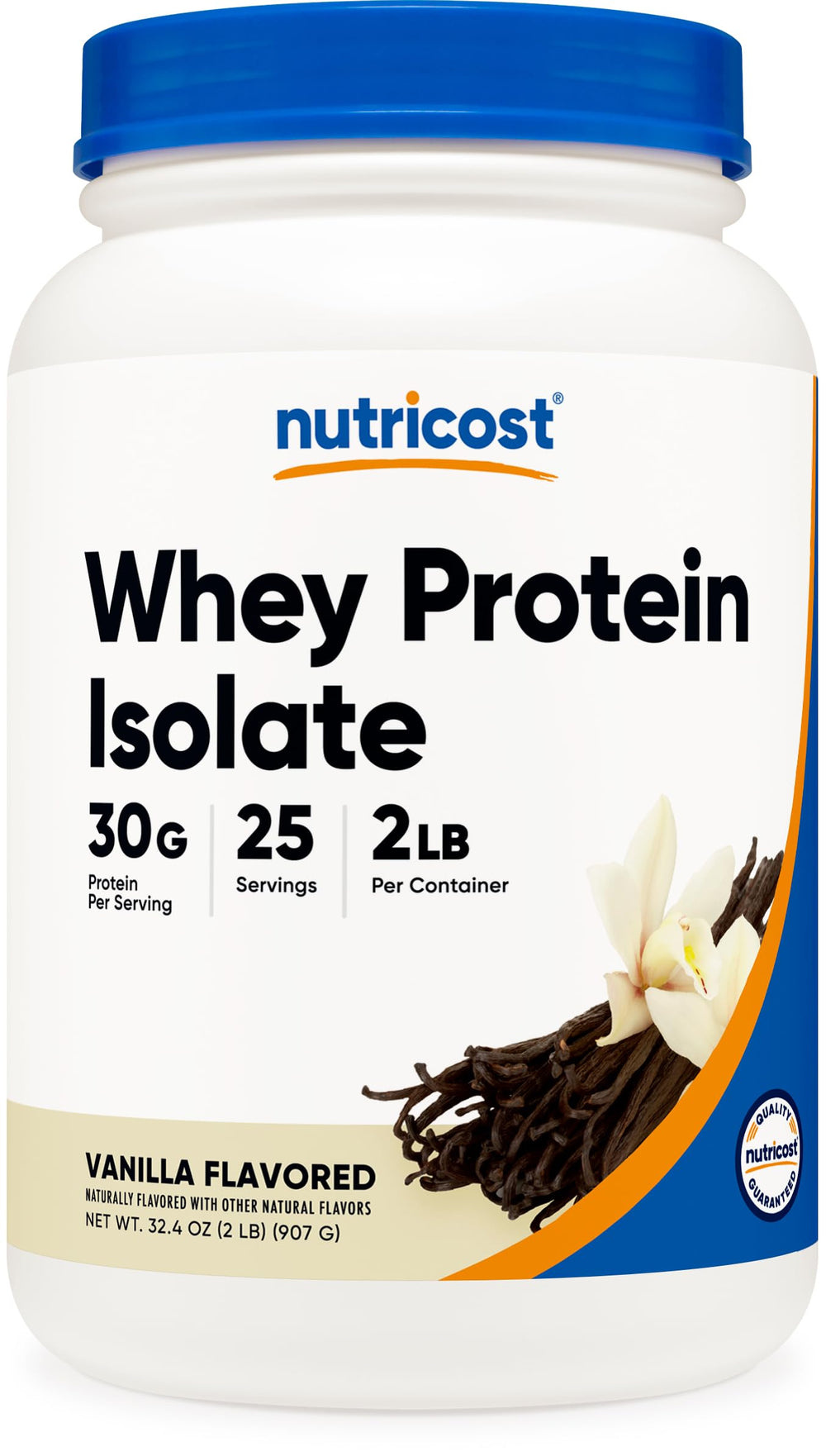 Nutricost Whey Protein Isolate frente del envase mostrando sabor vainilla y pureza