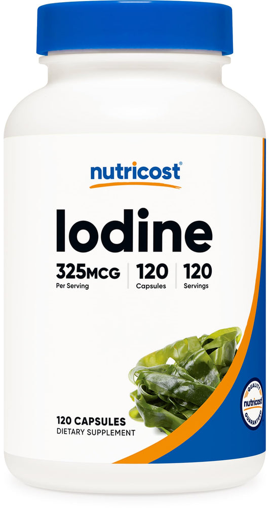 Nutricost yodo frasco frontal mostrando etiqueta clara y beneficios