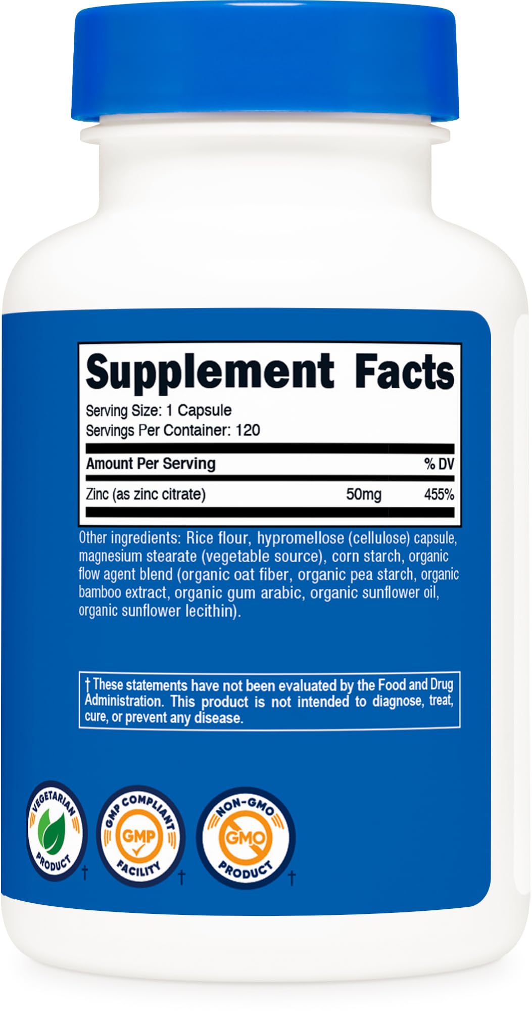 Cápsula de Nutricost Zinc Chelate en la mano para comparar tamaño y porción conveniente