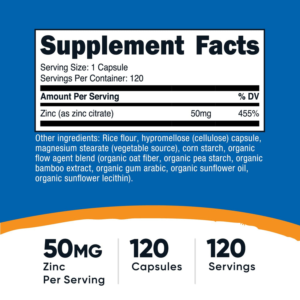 Detalle lateral de la etiqueta de Nutricost Zinc Chelate con información de ingredientes y beneficios