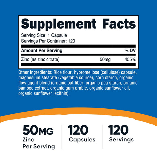 Detalle lateral de la etiqueta de Nutricost Zinc Chelate con información de ingredientes y beneficios