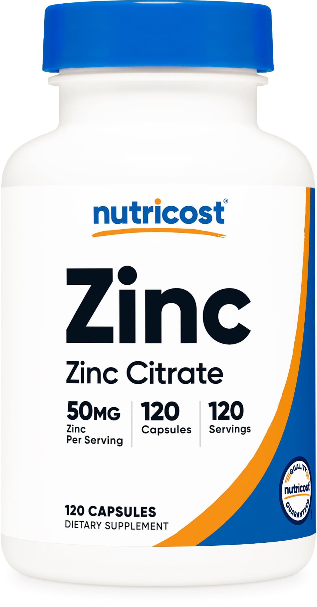 Nutricost Zinc Citrate frontal del envase que muestra 120 cápsulas y beneficios
