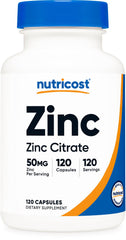 Nutricost Zinc Citrate frontal del envase que muestra 120 cápsulas y beneficios