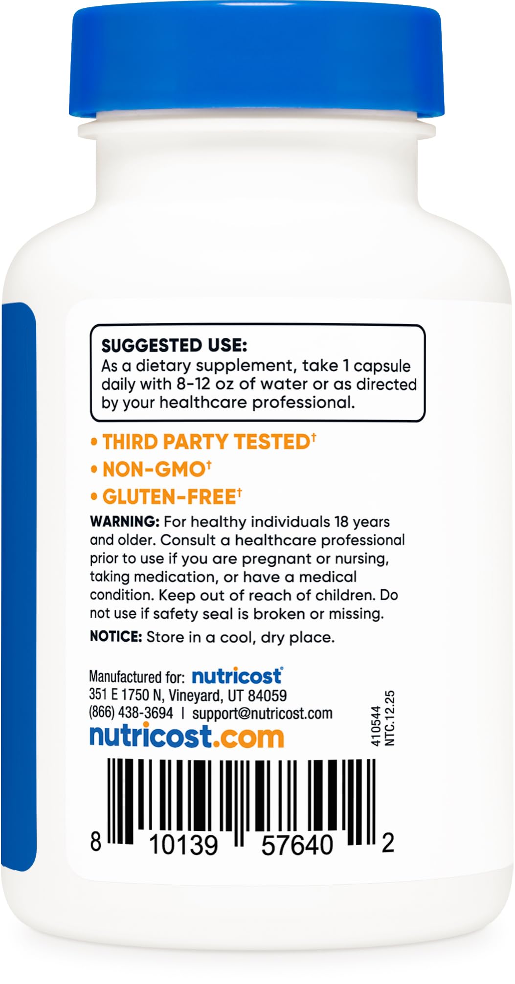Etiqueta nutricional de Nutricost Zinc Citrate mostrando composición y certificados