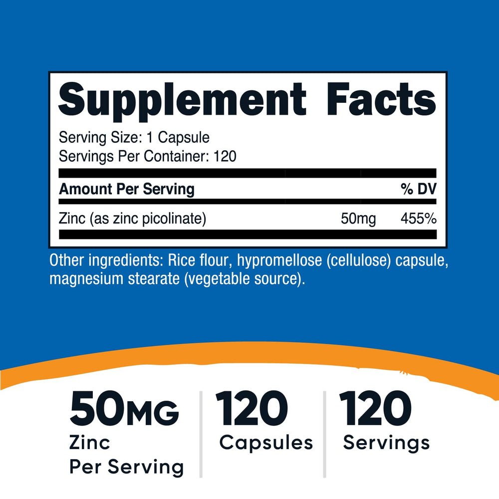 Nutricost etiqueta detallada con información de 50 mg por cápsula