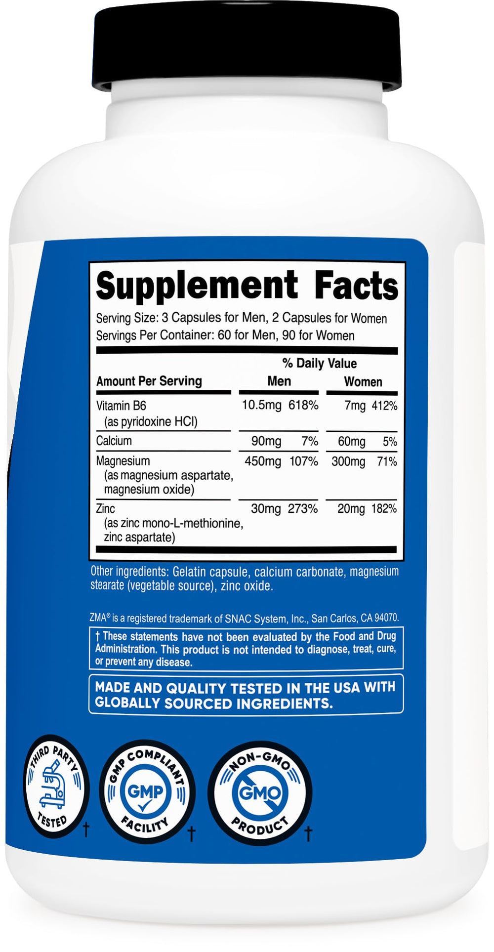 Nutricost ZMA etiqueta nutrional con ingredientes y certificaciones visibles