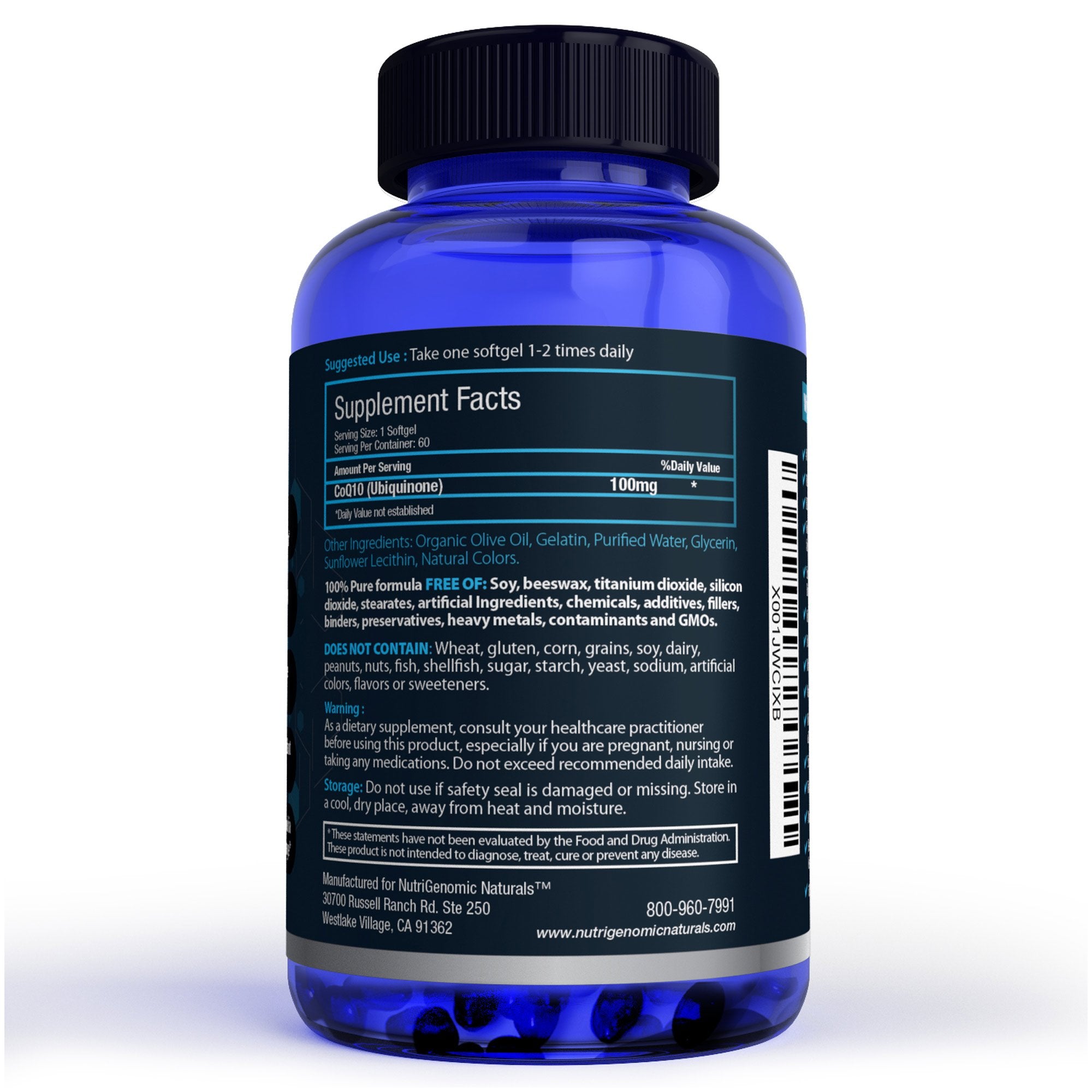 NutriGenomic Naturals softgel en primer plano destaca tamaño fácil de tragar