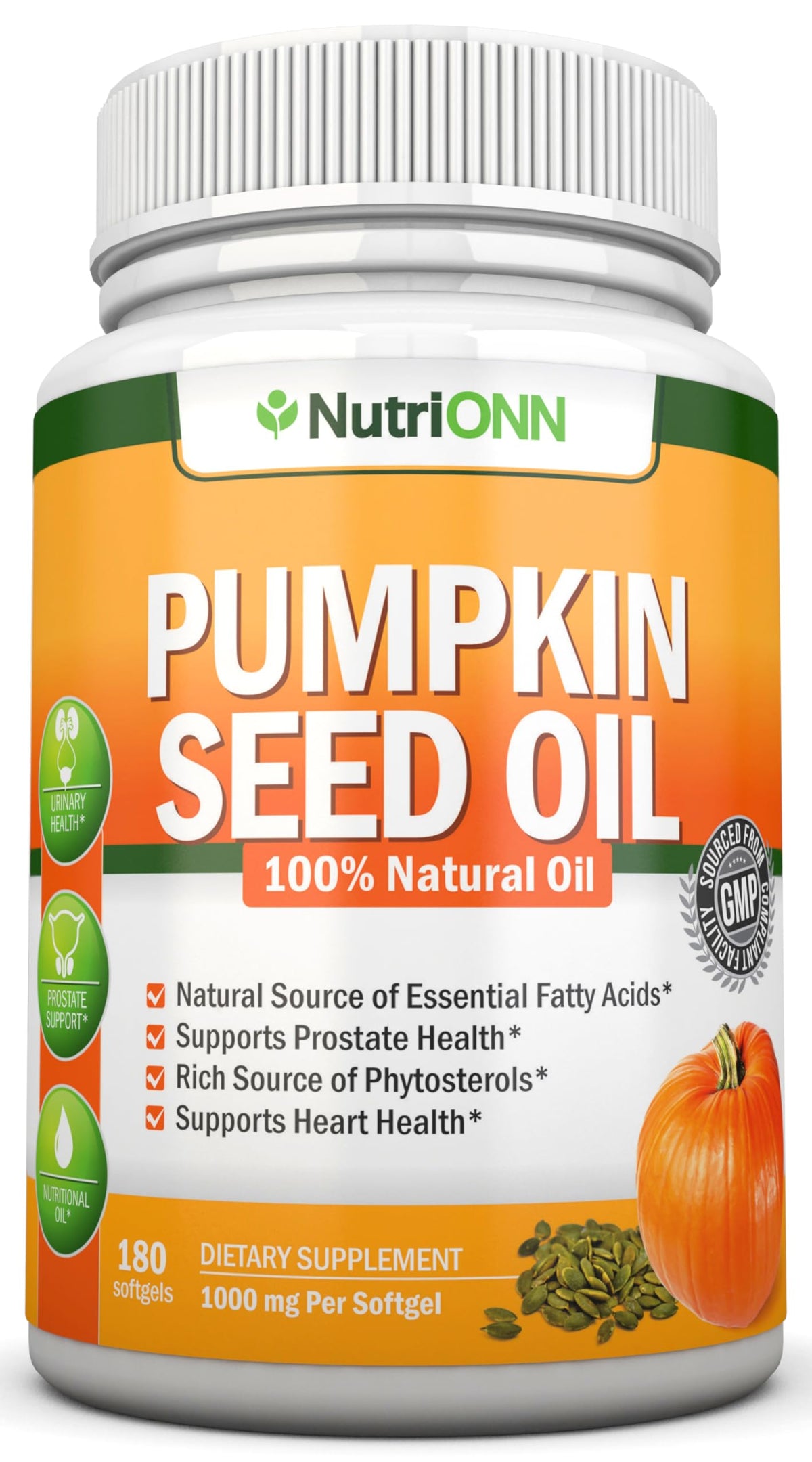 NutriONN envase frontal de aceite de semilla de calabaza mostrando 180 cápsulas y beneficios