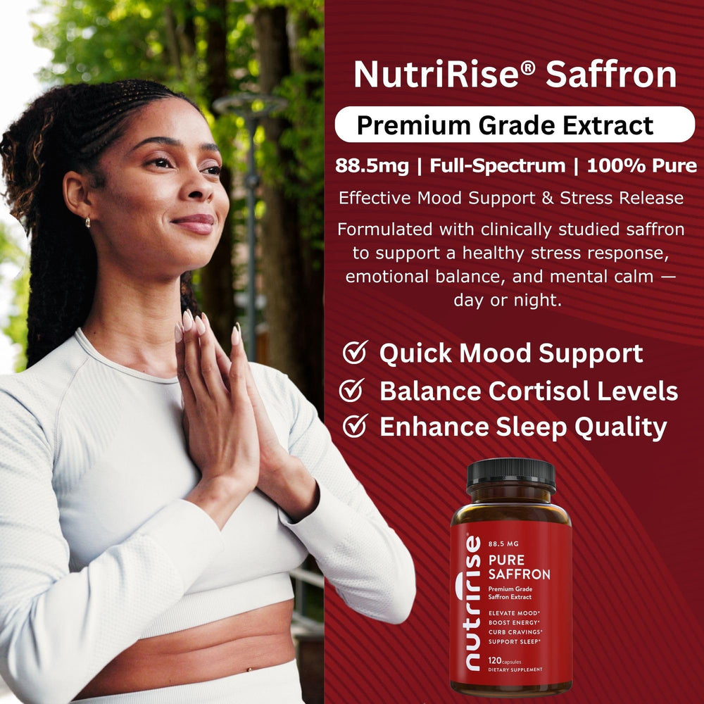 NutriRise frasco junto a hebras de azafrán resaltando origen