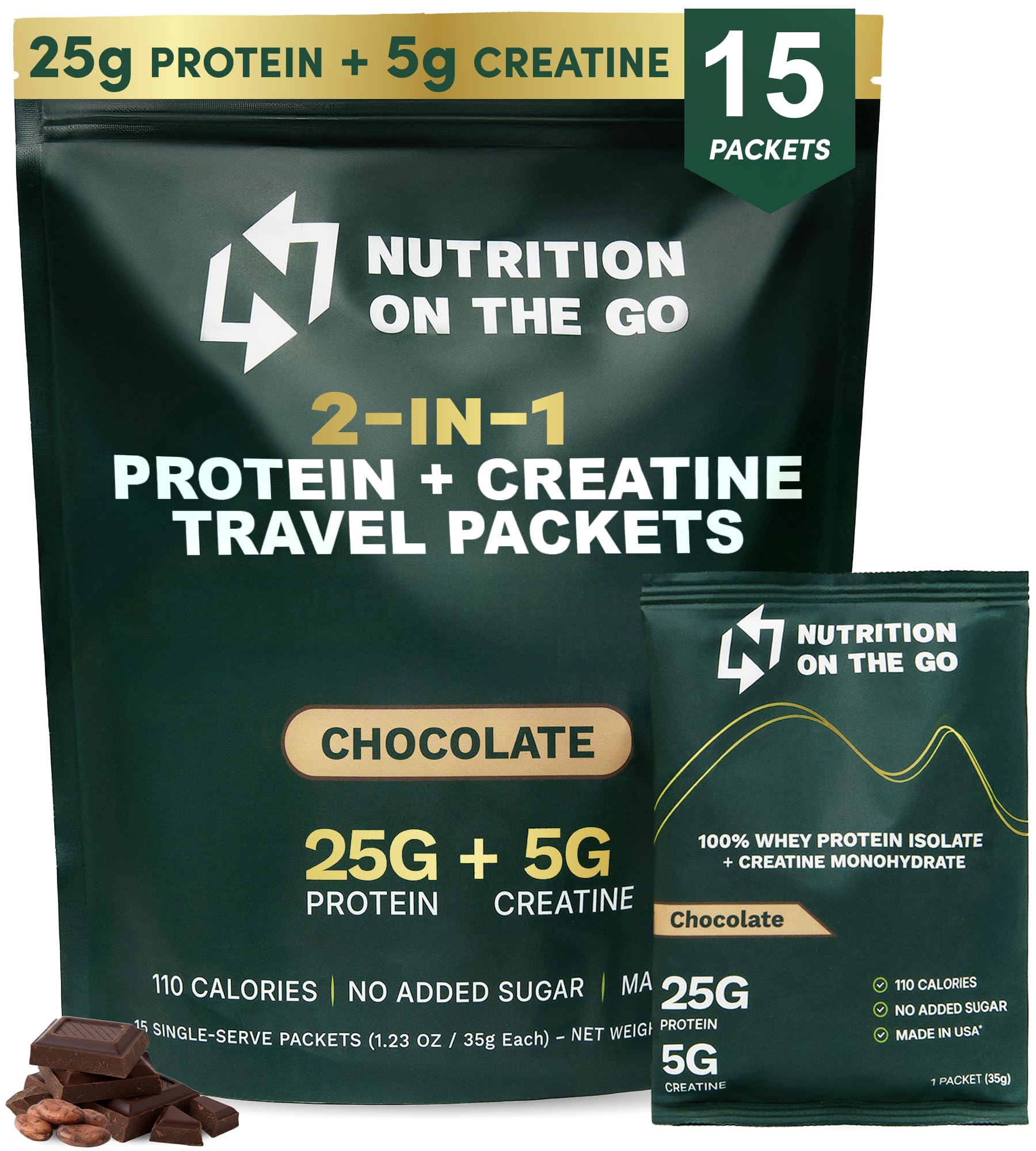Nutrition On The Go caja frontal mostrando sobres chocolate, conveniencia visible
