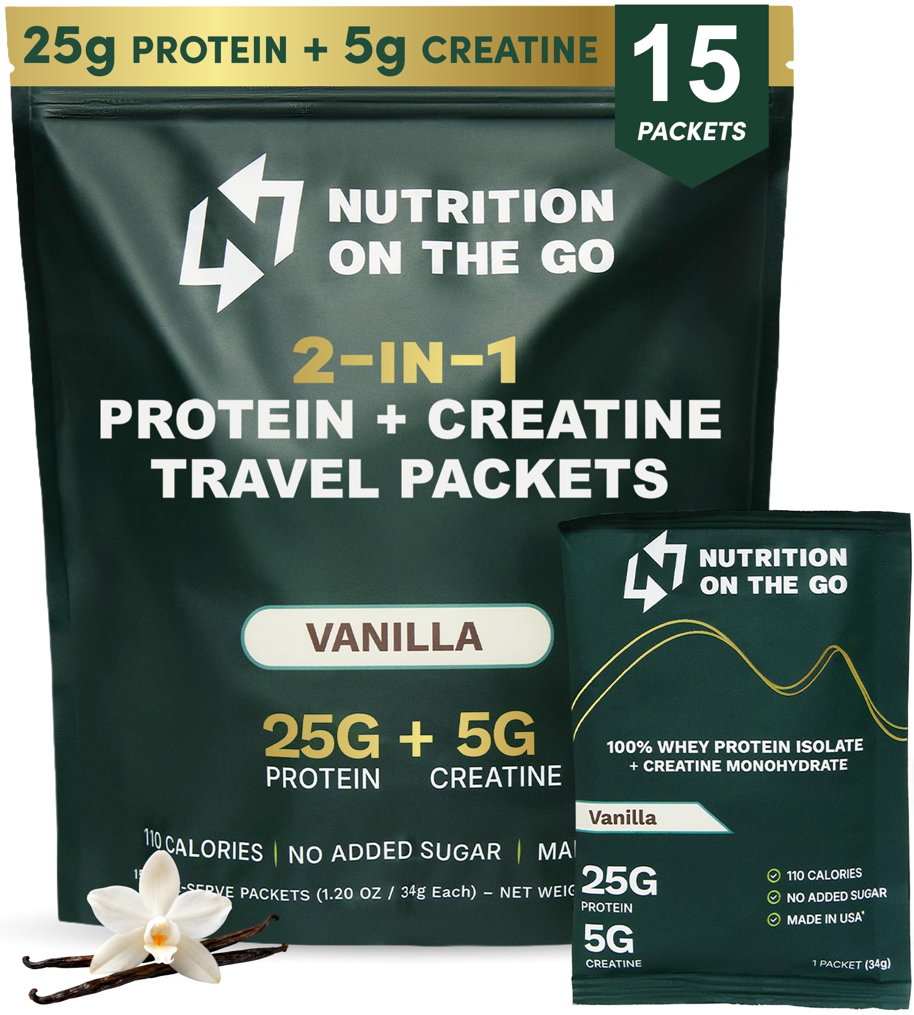 Nutrition On The Go frente del empaque mostrando 15 sobres y beneficio de conveniencia